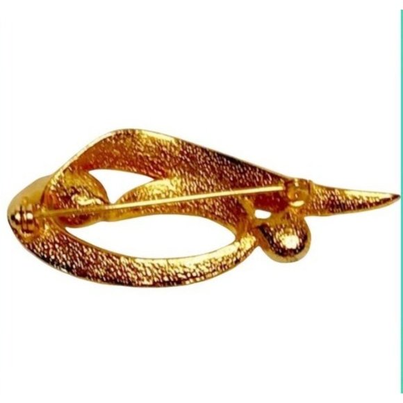 Vintage Bold Gold Oval Brooch with Large Crystal Accents 2"x1.5" - Picture 2 of 5